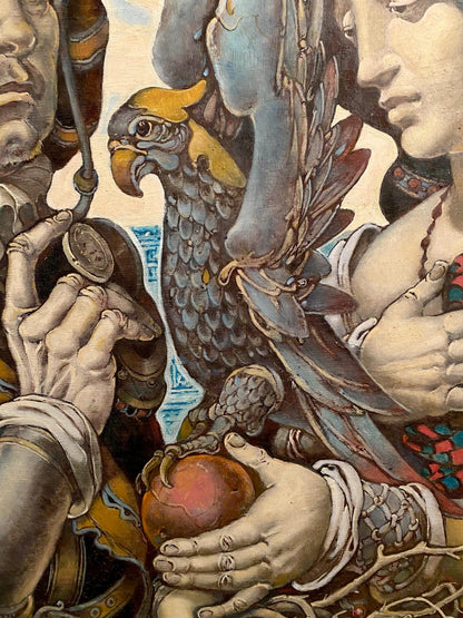 Stylized yellow-headed parrot oil painting by Oleg Litvinov