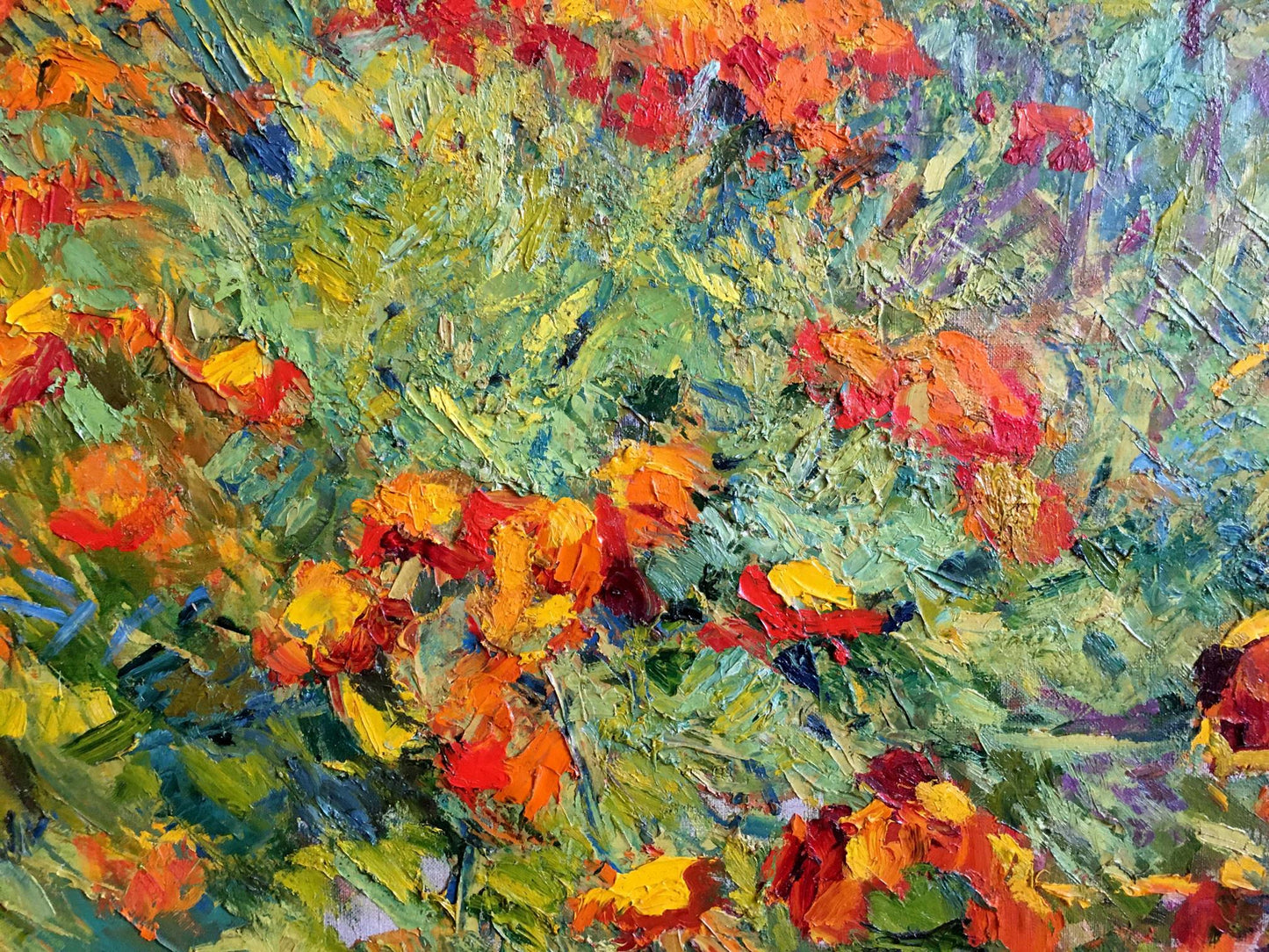 Vibrant impressionist oil painting of red orange flowers by Sokolova Zinaida Ivanovna