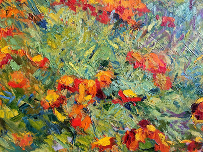 Vibrant impressionist oil painting of red orange flowers by Sokolova Zinaida Ivanovna