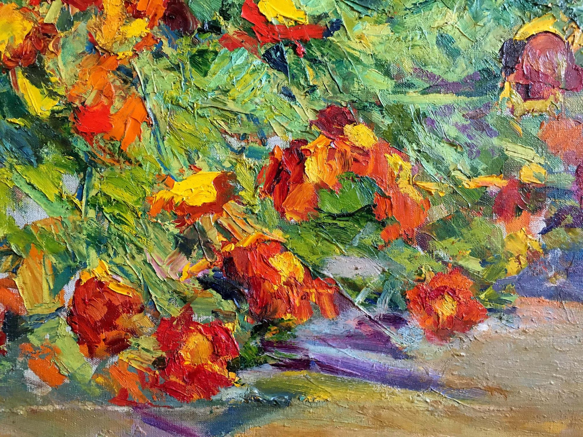 Oil painting of vibrant orange yellow flowers by Sokolova Zinaida Ivanovna
