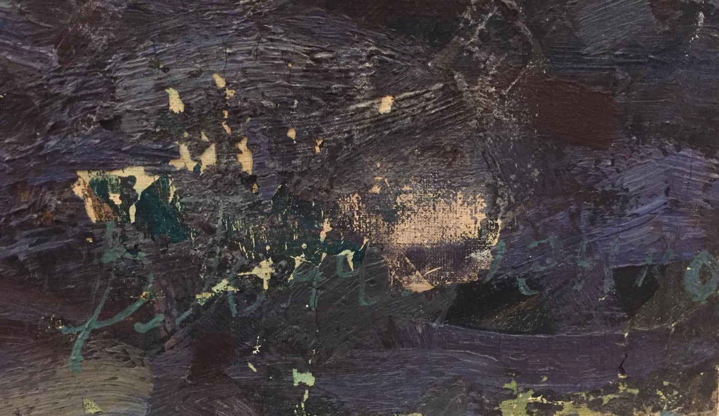 Oil painting of Alexander Sergeevich Pushkin with abstract purple black brushstrokes gold green flecks
