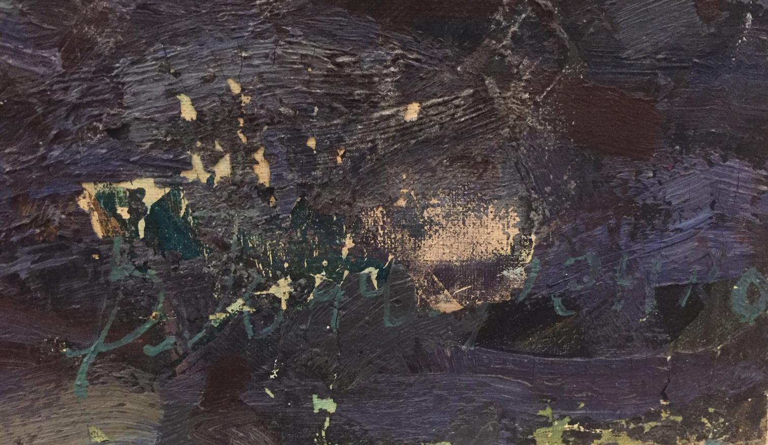 Oil painting of Alexander Sergeevich Pushkin with abstract purple black brushstrokes gold green flecks