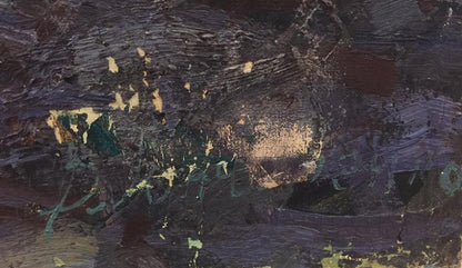 Oil painting of Alexander Sergeevich Pushkin with abstract purple black brushstrokes gold green flecks