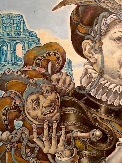 Ornate gold-armored man in Oleg Litvinov Temptation of two couples Rome oil painting
