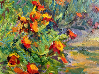 Oil painting of vibrant orange yellow flowers by Sokolova Zinaida Ivanovna