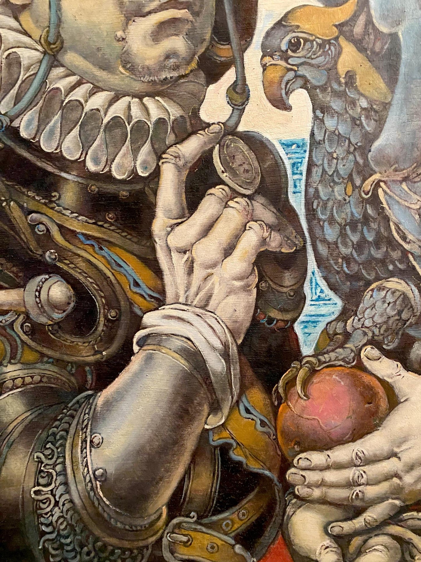 Armored hand holding ornate coin in Oleg Litvinov Temptation oil painting