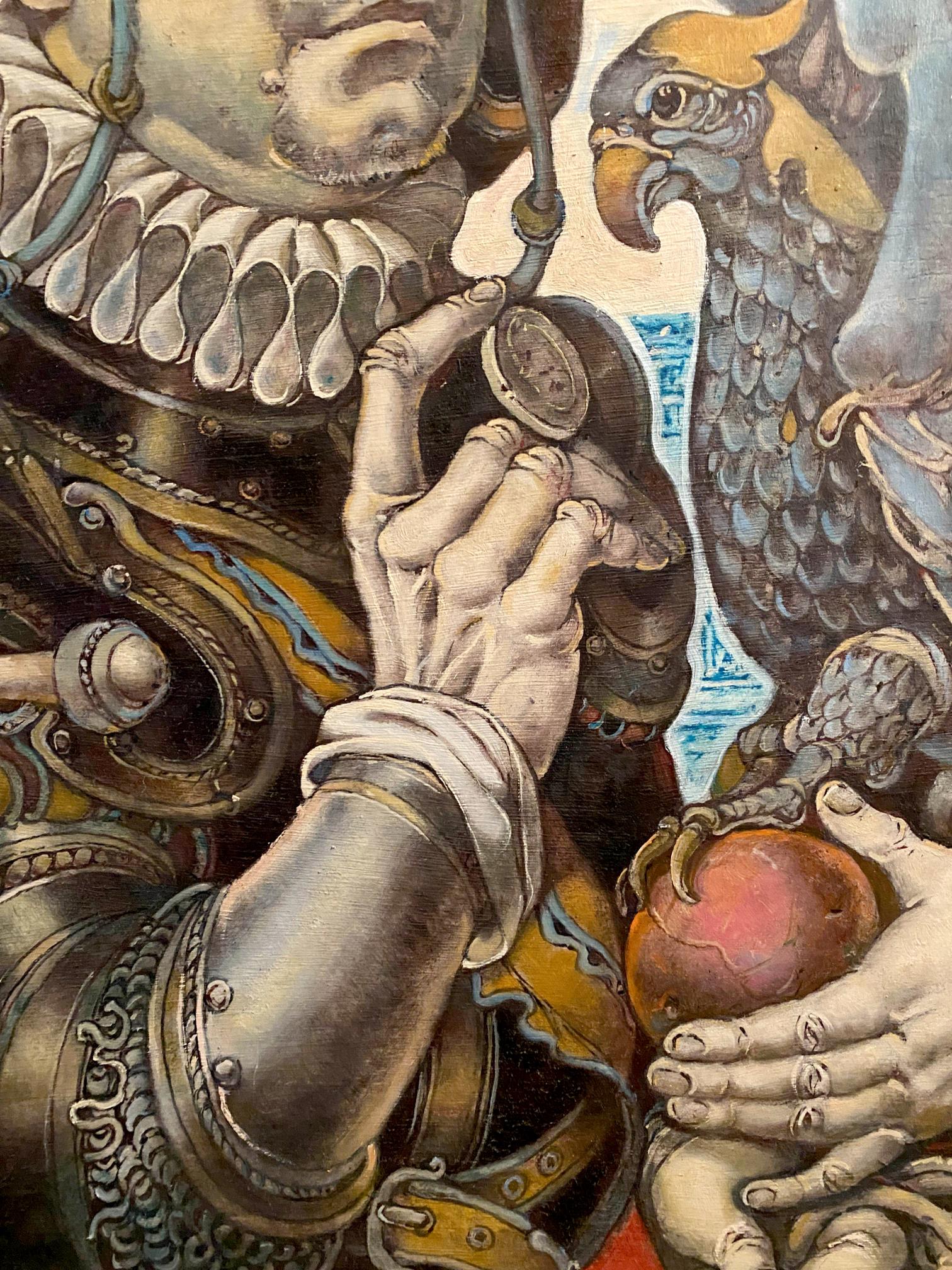 Armored hand holding ornate coin in Oleg Litvinov Temptation oil painting