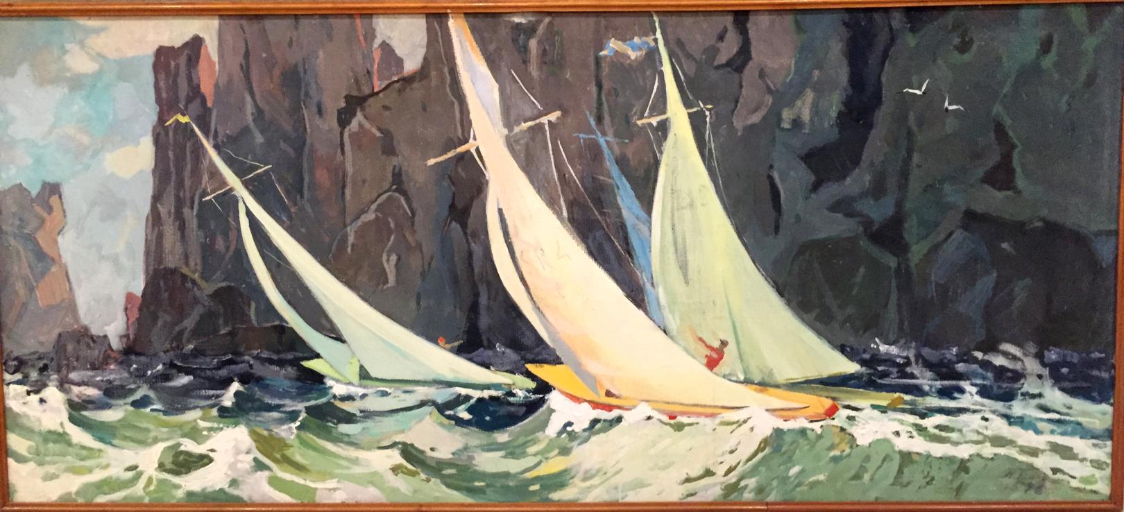 Vibrant oil painting of racing sailboats in choppy sea near rocky mountains