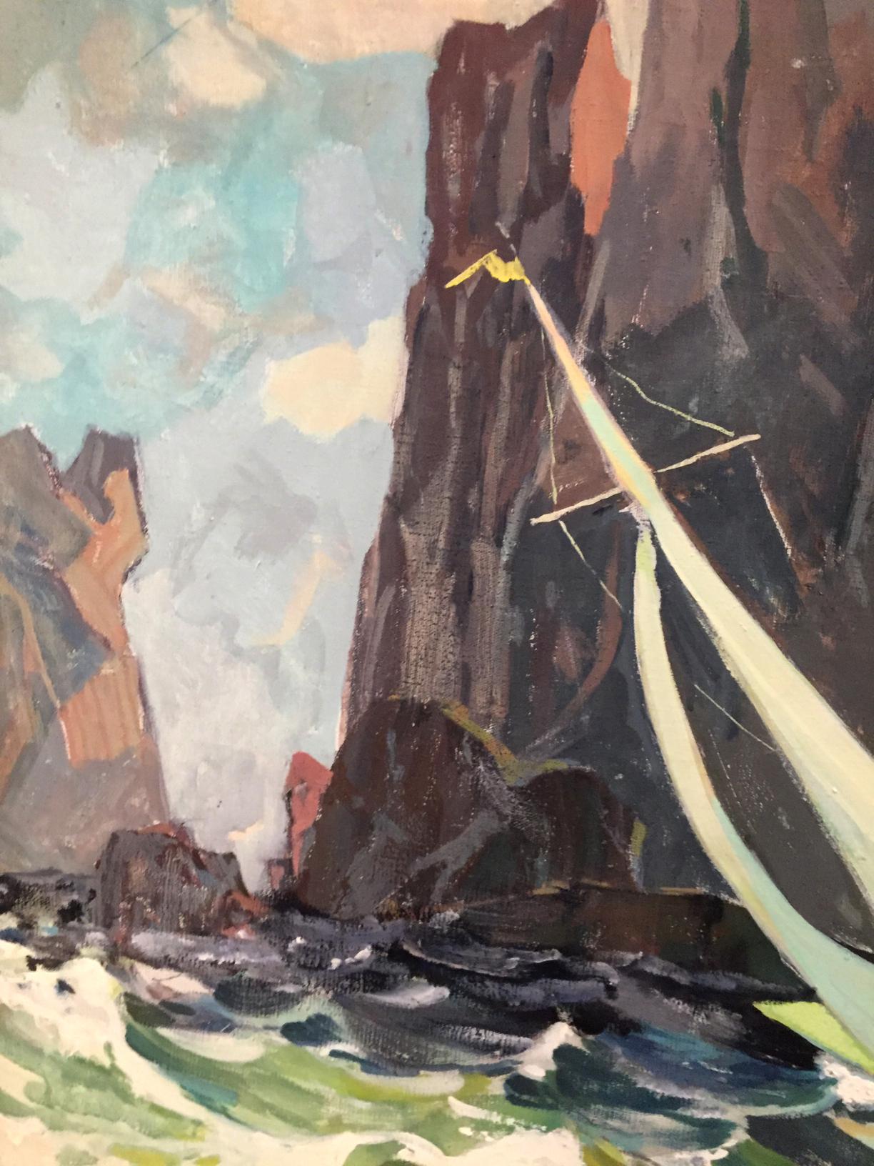 Oil painting of sailboat with yellow sails in turbulent sea near rugged mountains