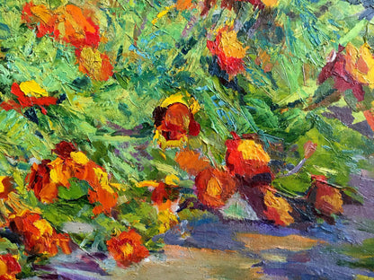Oil painting by Sokolova Zinaida Ivanovna: vibrant orange yellow flowers impasto