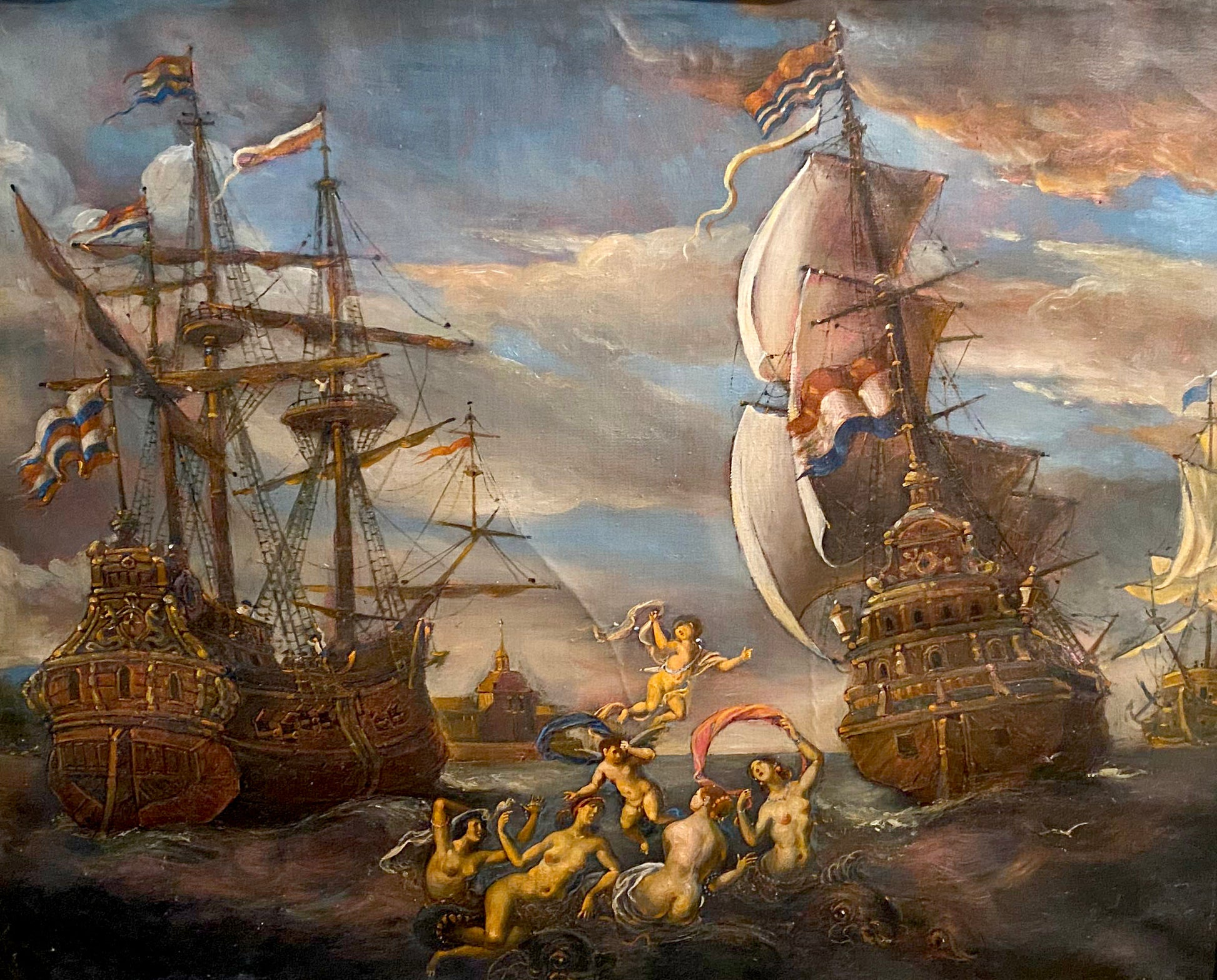 A dramatic oil painting depicting two grand, ornate galleons with tall masts and billowing sails under a stormy sky.