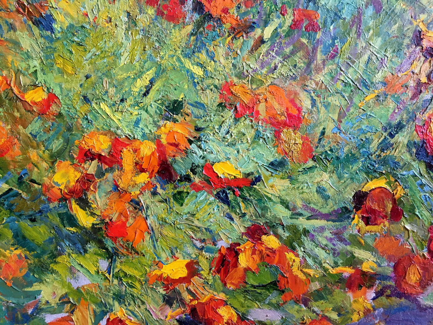 Vibrant impressionist oil painting of red orange flowers by Sokolova Zinaida Ivanovna