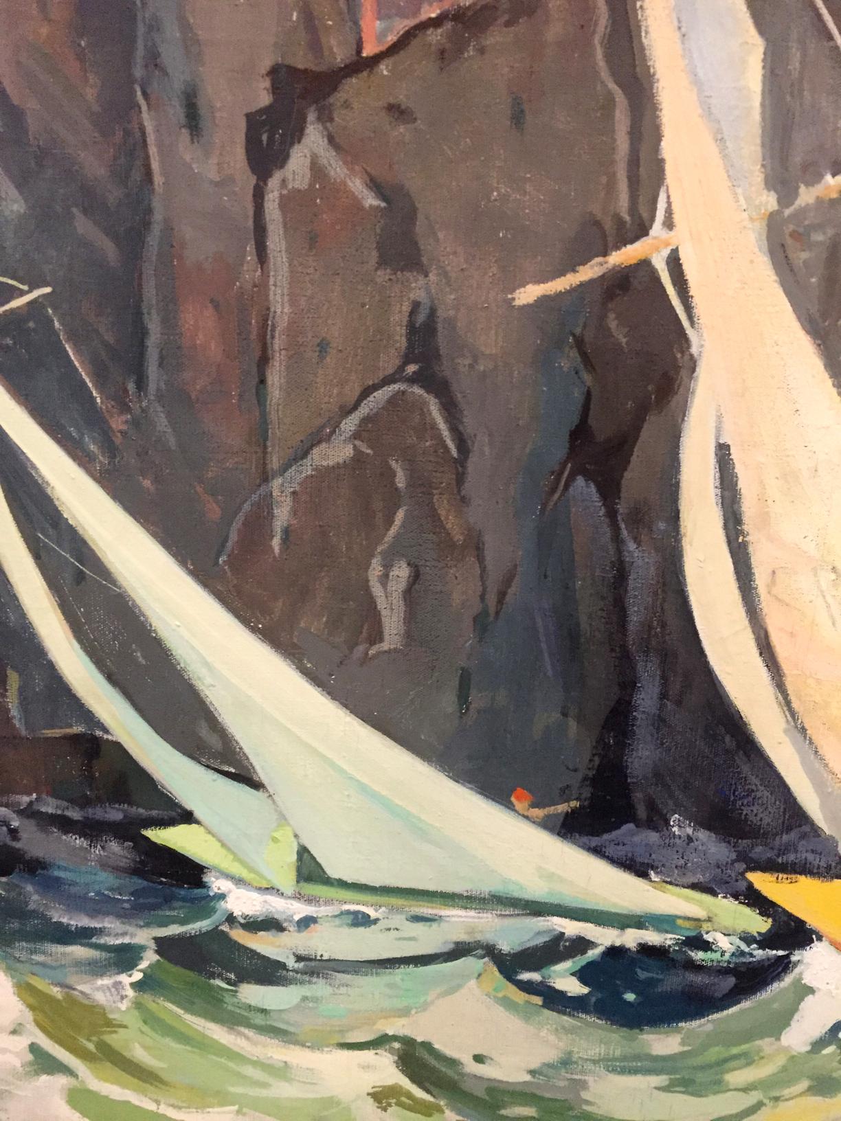 Oil painting of sailboat with white sails in choppy sea near rugged mountains