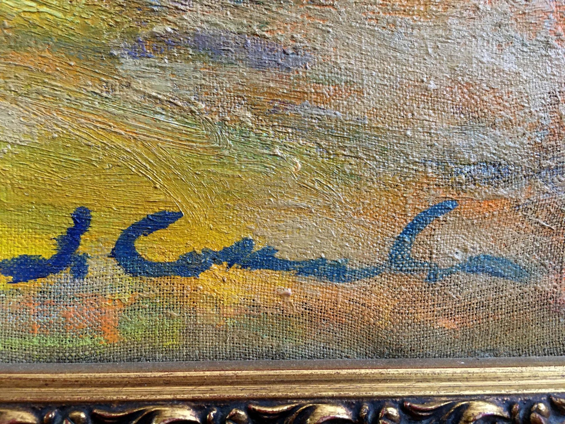 Blue signature by Sokolova Zinaida Ivanovna on textured canvas back of oil painting Flowers grow