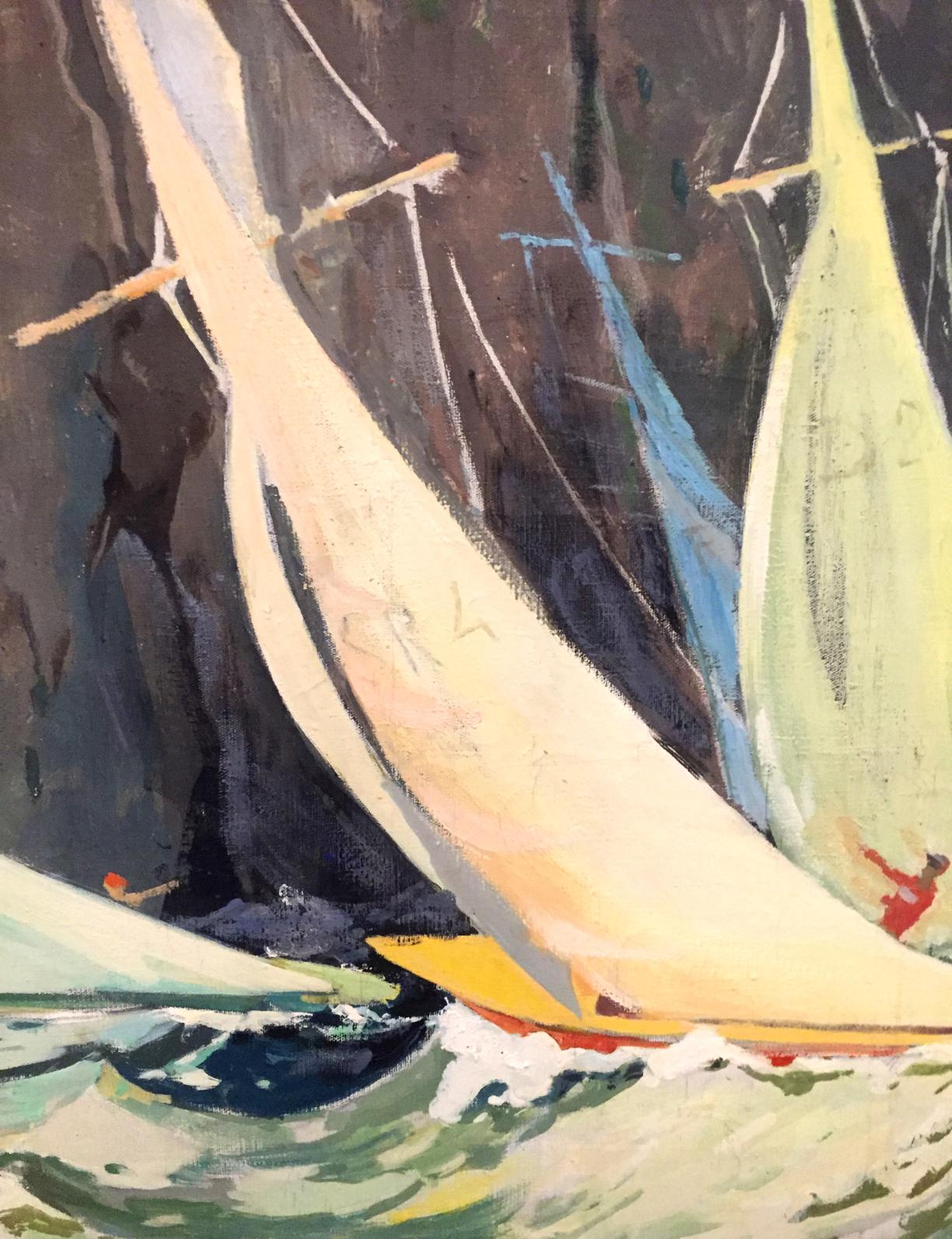 Vibrant impressionistic oil painting of sailboats in sea near mountains