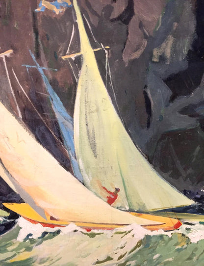 Vibrant yellow sailboat with red figure oil painting, boats in sea near mountains