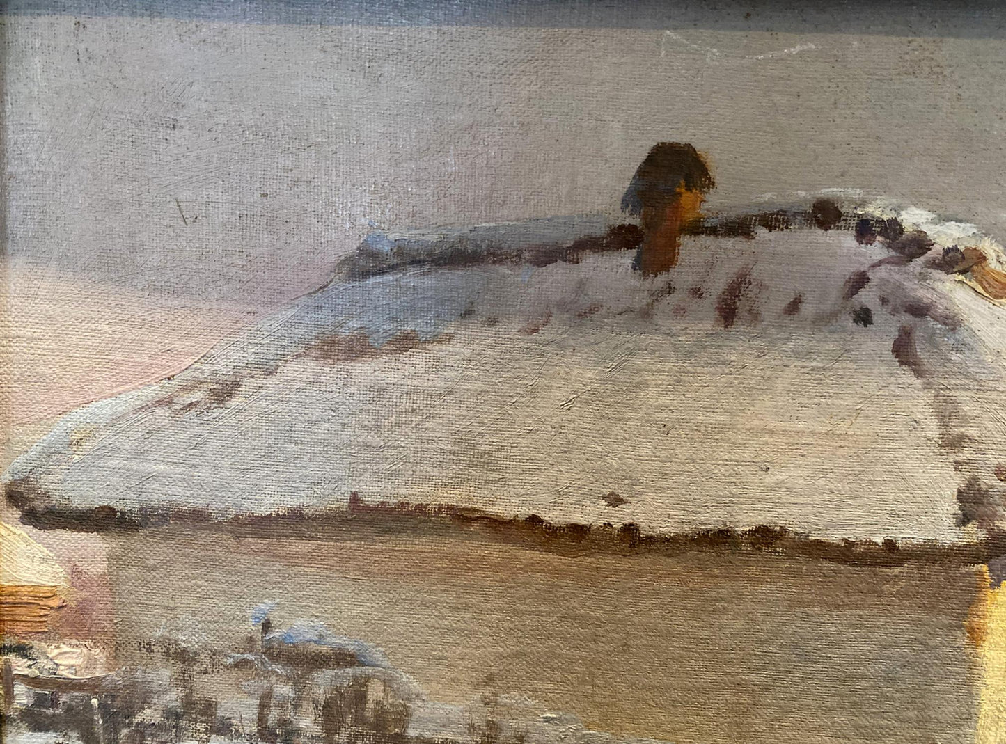 Oil painting by the evening Eugeniusz Wrzeszcz: snow-covered roof with dark textured chimney