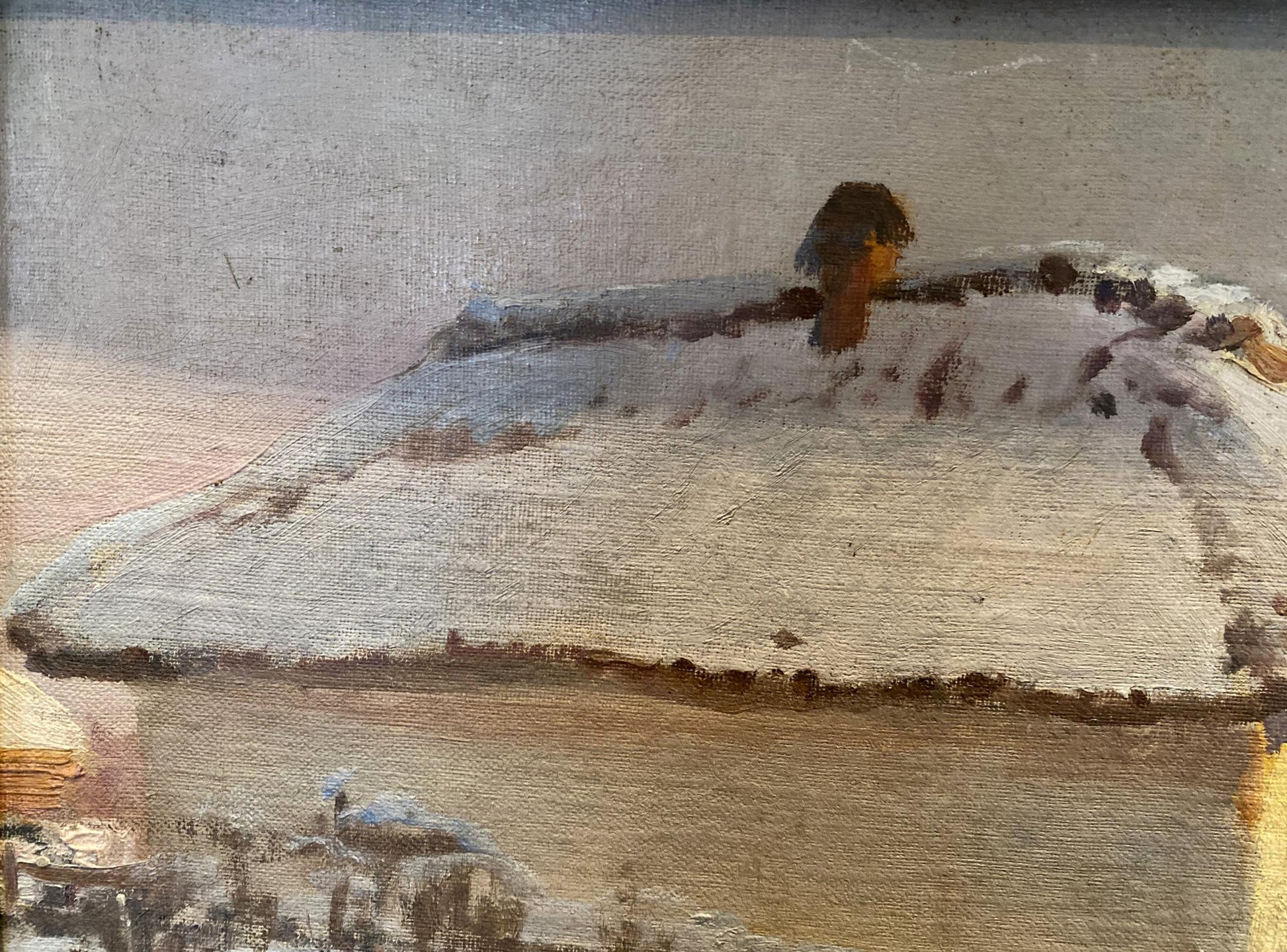 Oil painting by the evening Eugeniusz Wrzeszcz: snow-covered roof with dark textured chimney