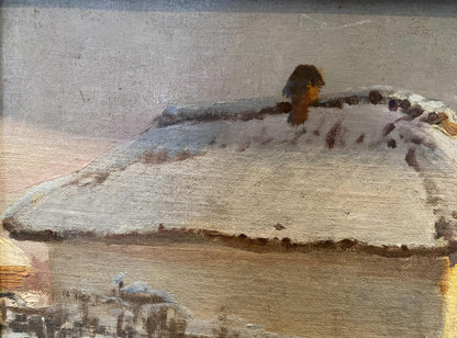 Oil painting by the evening Eugeniusz Wrzeszcz: snow-covered roof with dark textured chimney