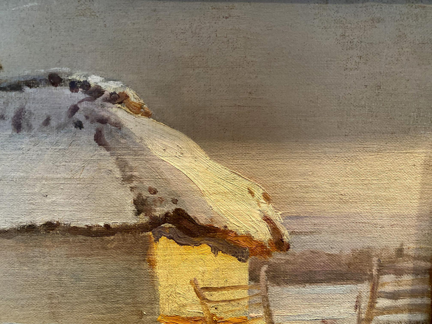 Oil painting By the Evening by Eugeniusz Wrzeszcz with snow-dusted yellow thatched roof