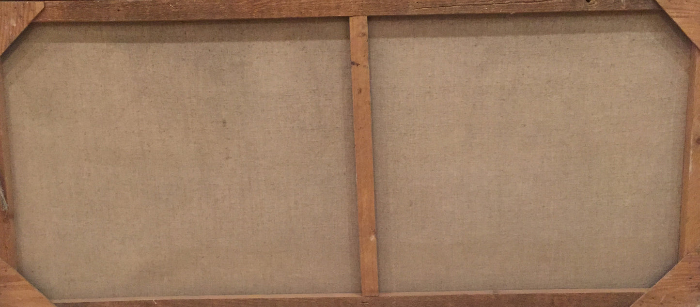 Back of wooden-framed oil painting Boats in the sea near the mountains