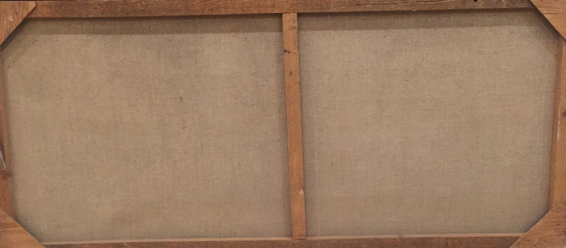 Back of wooden-framed oil painting Boats in the sea near the mountains