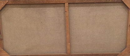 Back of wooden-framed oil painting Boats in the sea near the mountains