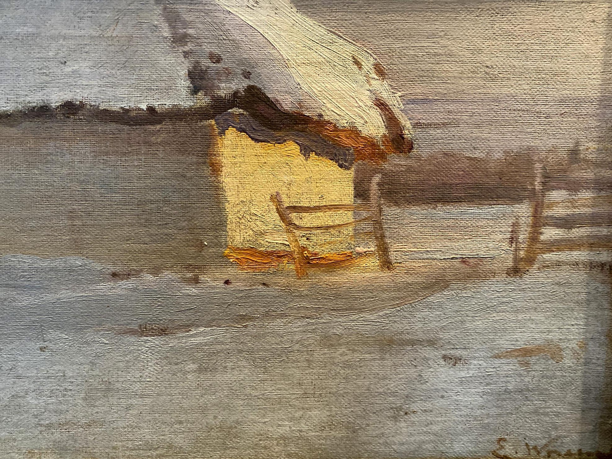 Oil painting by Eugeniusz Wrzeszcz: yellow cottage with thatched roof in snow
