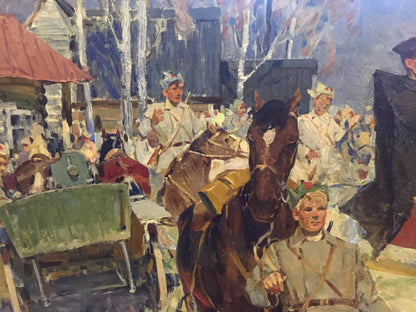Oil painting portrait of brown horse with dark mane, white face marking, golden tack