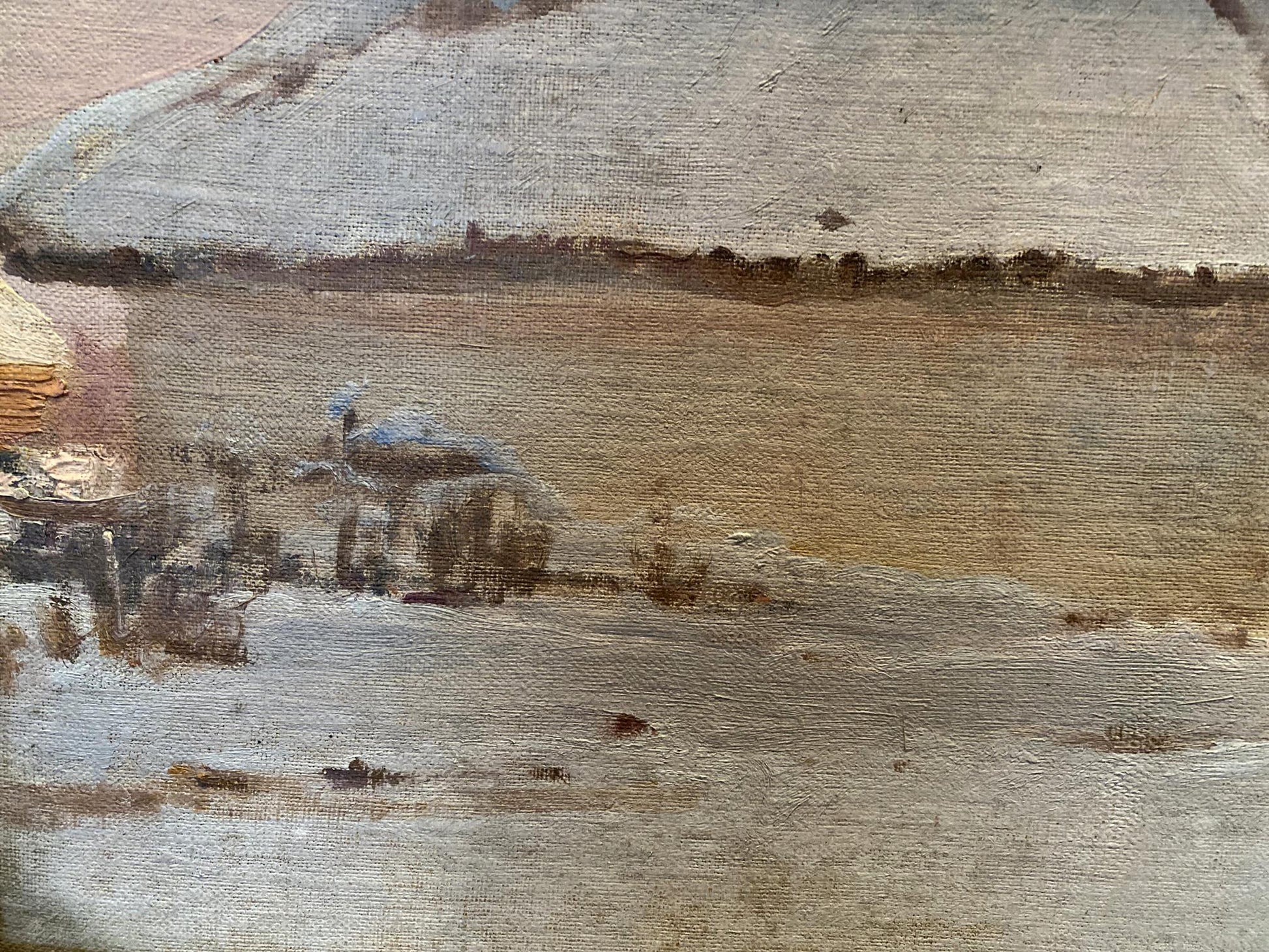 Oil painting By the Evening by Eugeniusz Wrzeszcz with gray roof and brown tones