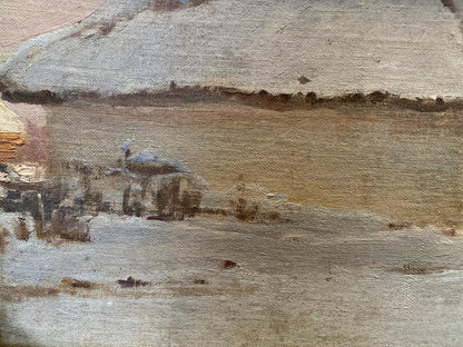 Oil painting By the Evening by Eugeniusz Wrzeszcz with gray roof and brown tones