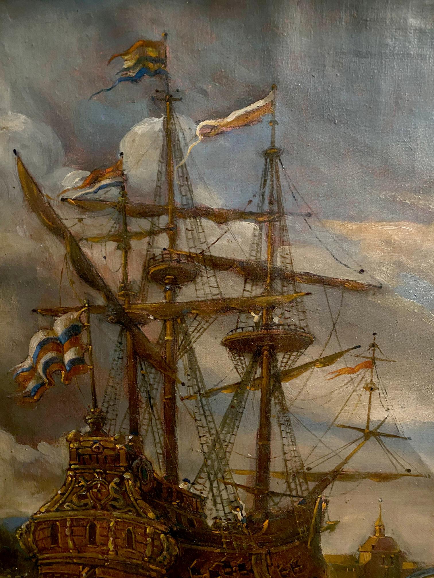 Oil painting of grand dark wooden galleon with ornate carvings by Litvinov Oleg Arkadyevich