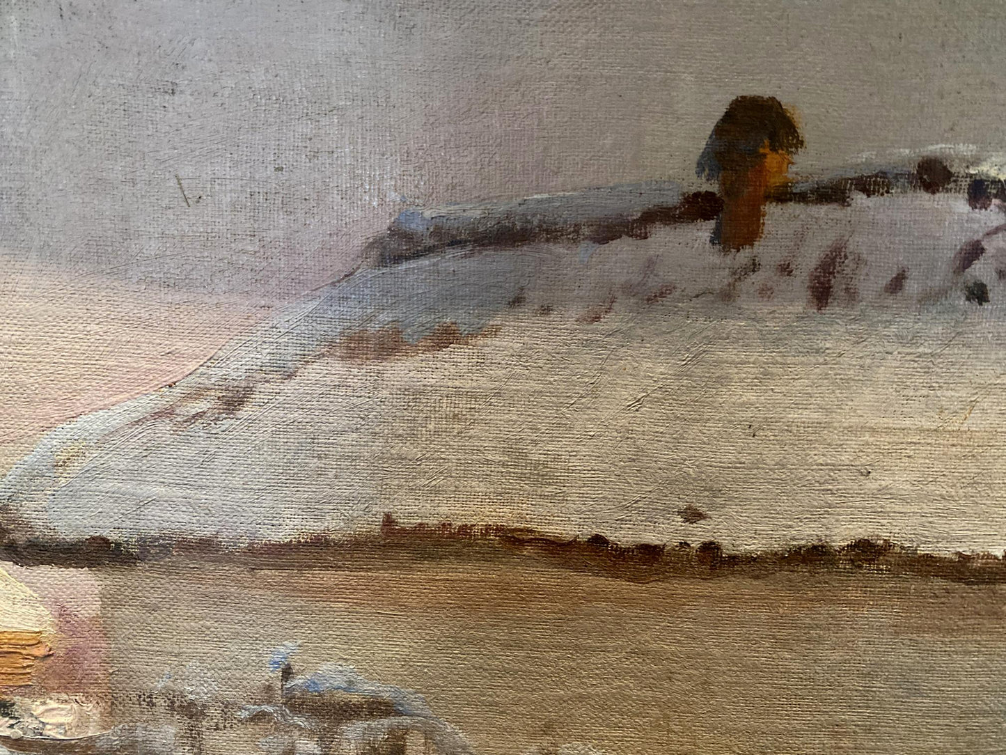 Oil painting By the Evening by Eugeniusz Wrzeszcz: snow-covered roof with warm tones