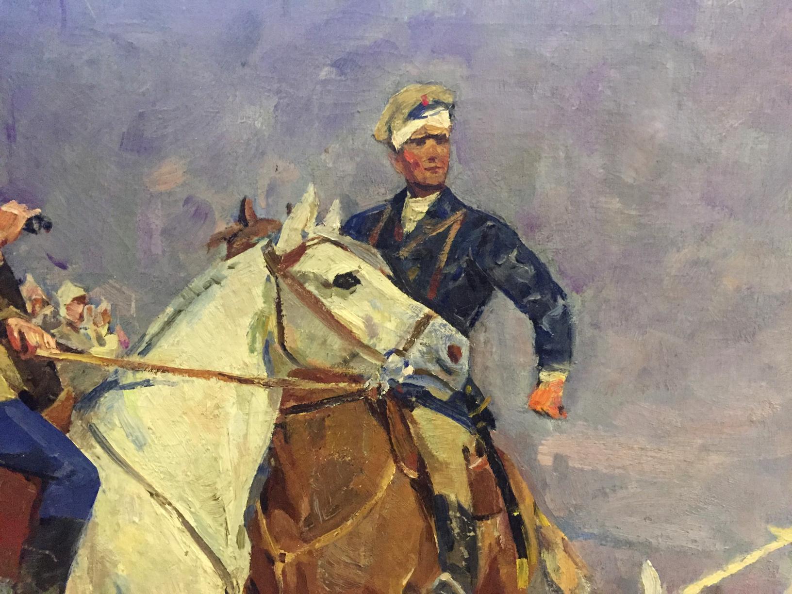 Oil painting portrait of rider in dark blue uniform on white horse