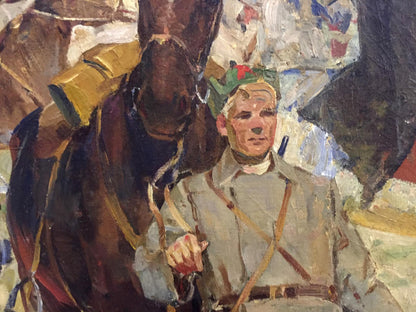 Oil painting portrait of man in green cap tan uniform by dark brown horse