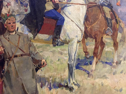 Impressionistic oil painting of brown horse with white legs and saddle