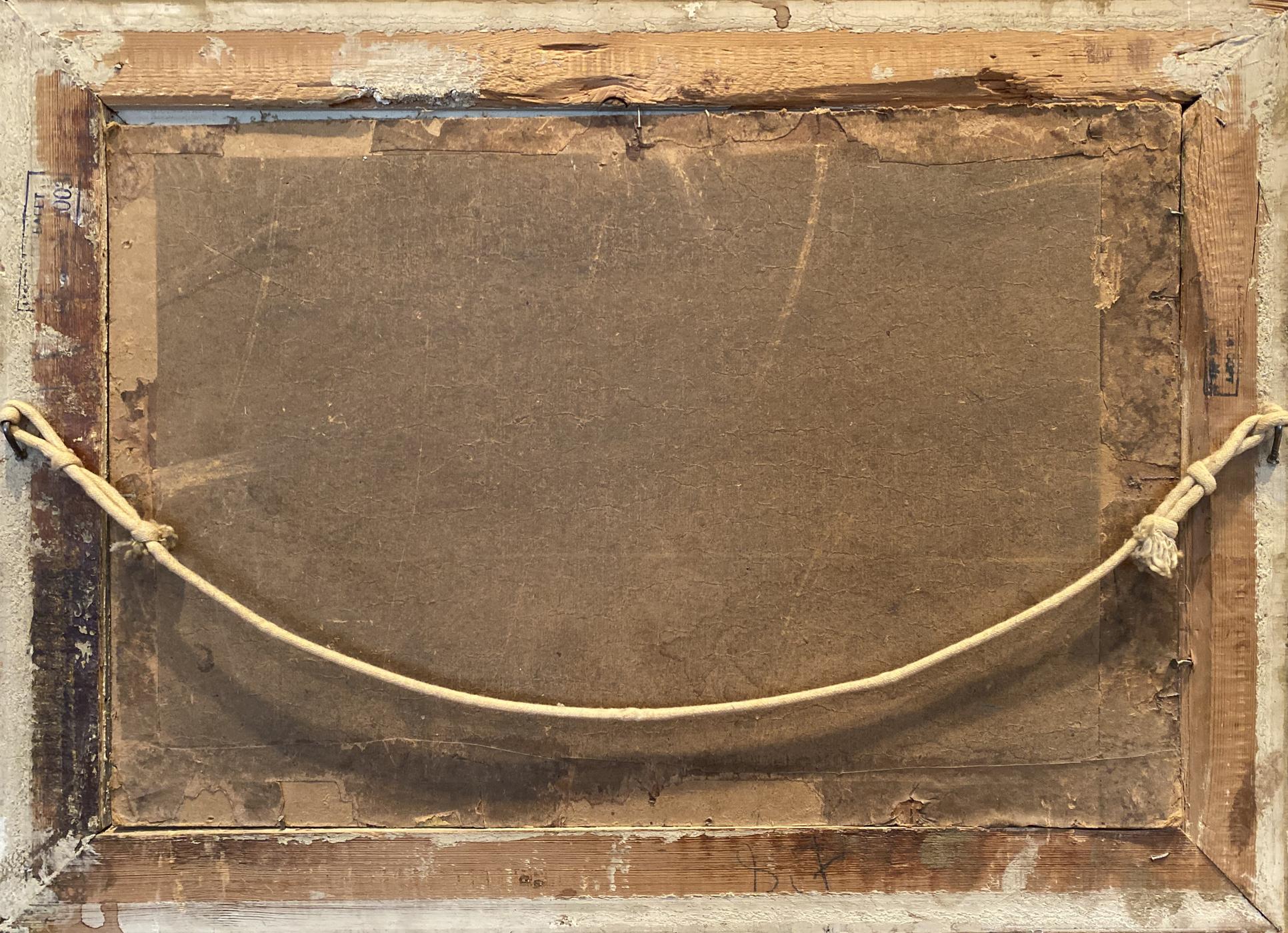 Back of weathered wooden frame with beige rope for Oil painting By the evening Eugeniusz Wrzeszcz