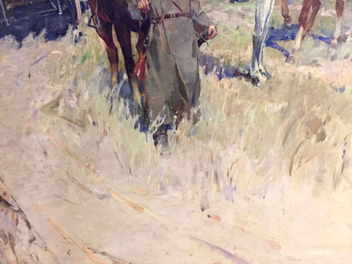 Oil painting portrait of soldier in gray uniform walking through sunlit grass beside horses