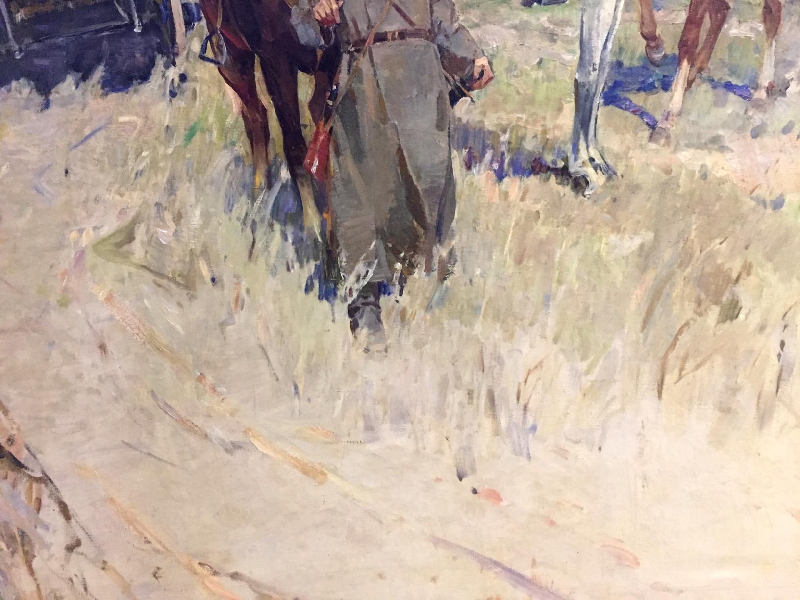 Oil painting portrait of soldier in gray uniform walking through sunlit grass beside horses