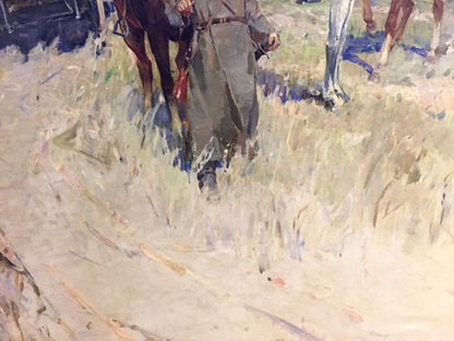 Oil painting portrait of soldier in gray uniform walking through sunlit grass beside horses