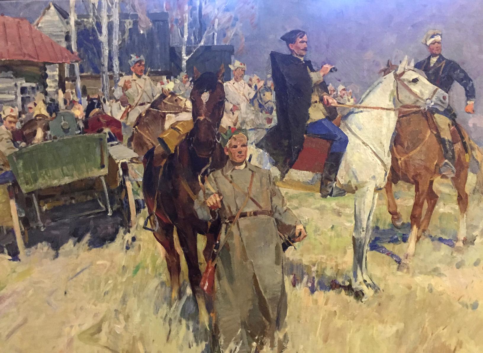 Vibrant impressionistic oil painting of historical soldiers on horseback and foot
