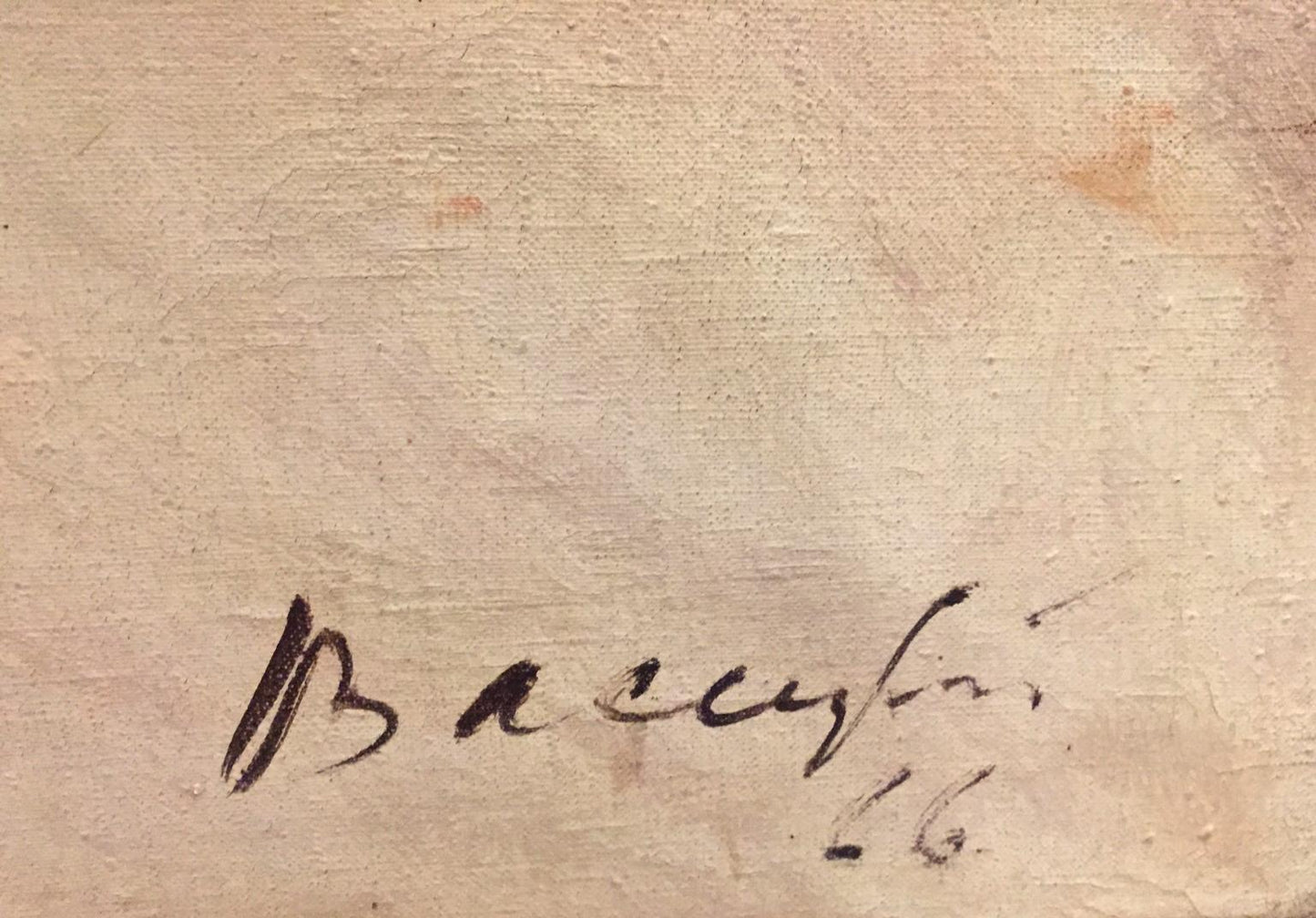 Handwritten signature in dark ink on textured off-white canvas of oil painting portrait