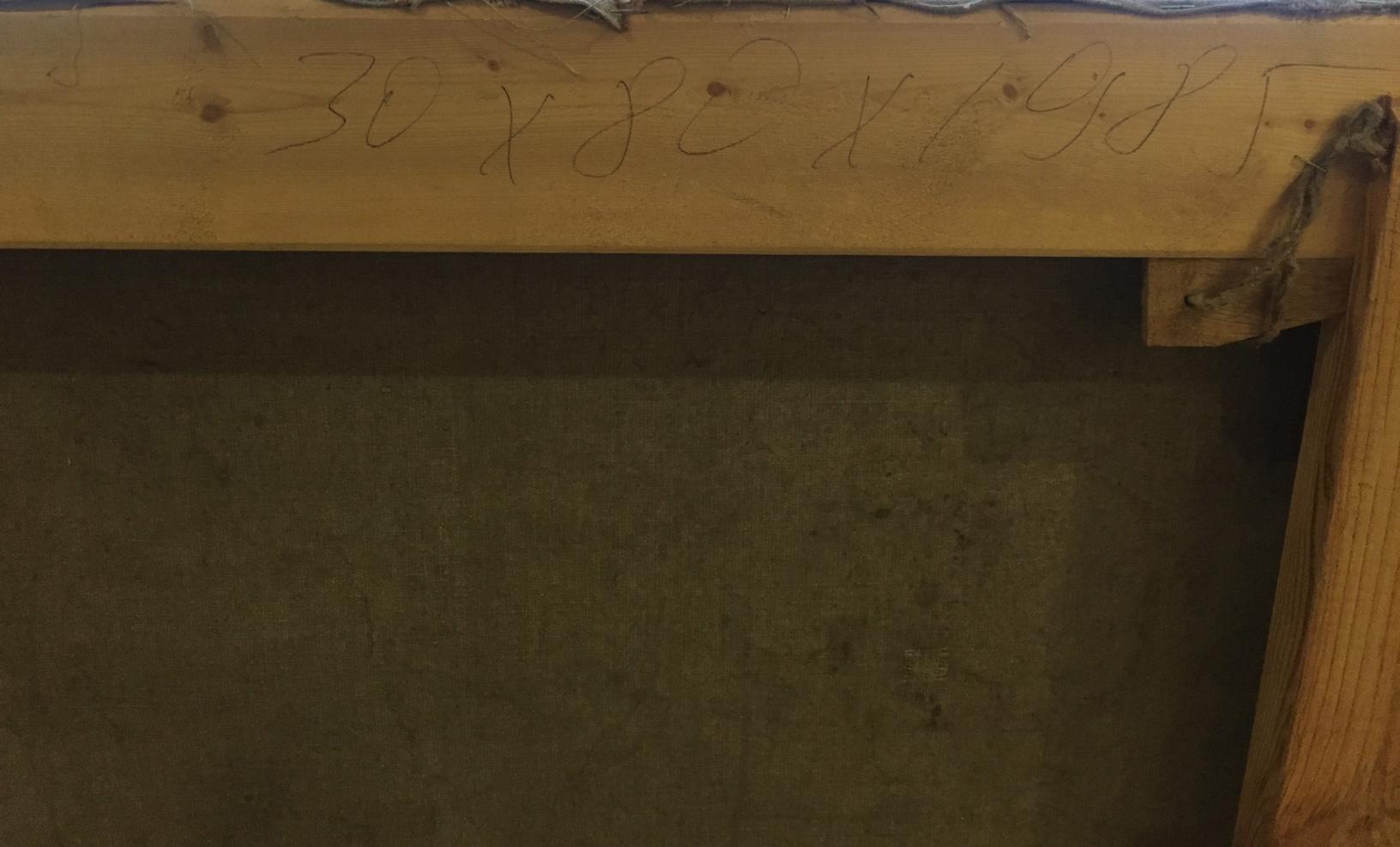 Back of oil painting portrait showing weathered wooden beam with etched measurements