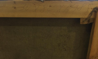 Back of oil painting portrait showing weathered wooden beam with etched measurements