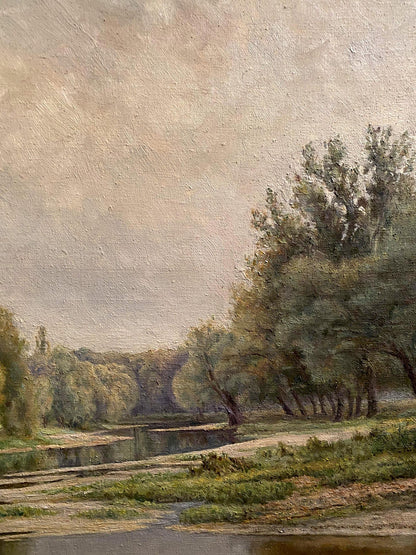 Oil painting by Litvinov Arkady Petrovich: sunny riverbank landscape