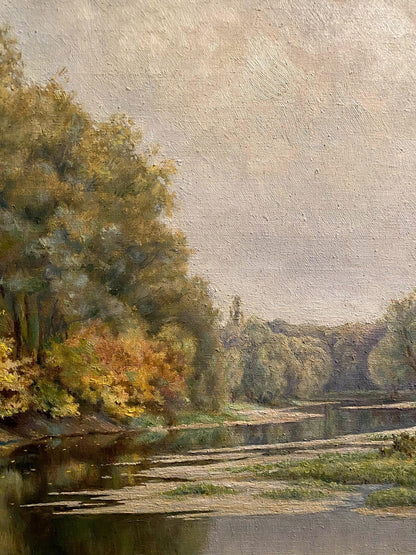 Serene autumn river in sunlight by Litvinov Arkady Petrovich, oil on canvas