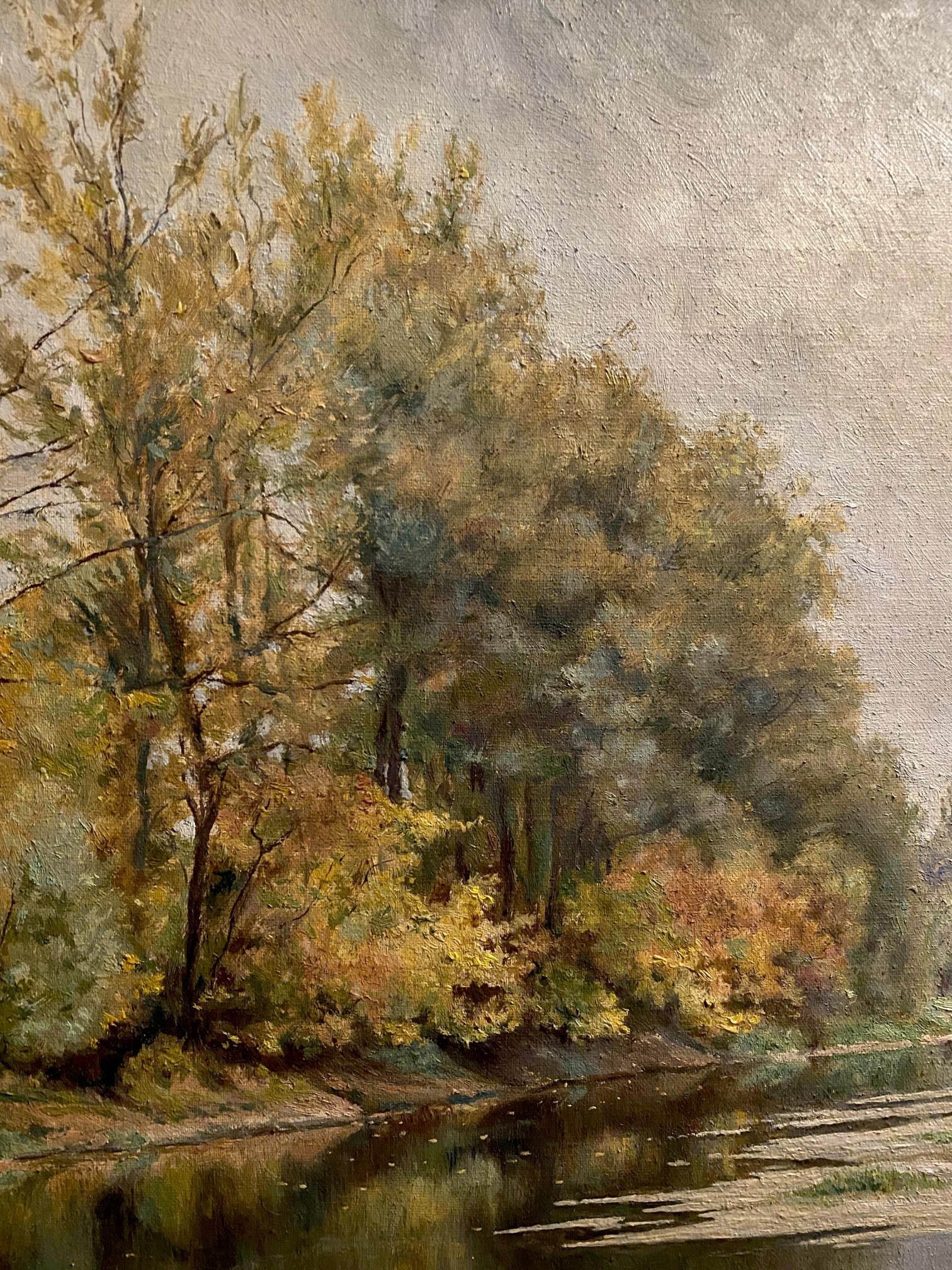 Autumnal trees with golden leaves line sunny riverbank by Litvinov Arkady Petrovich, oil painting