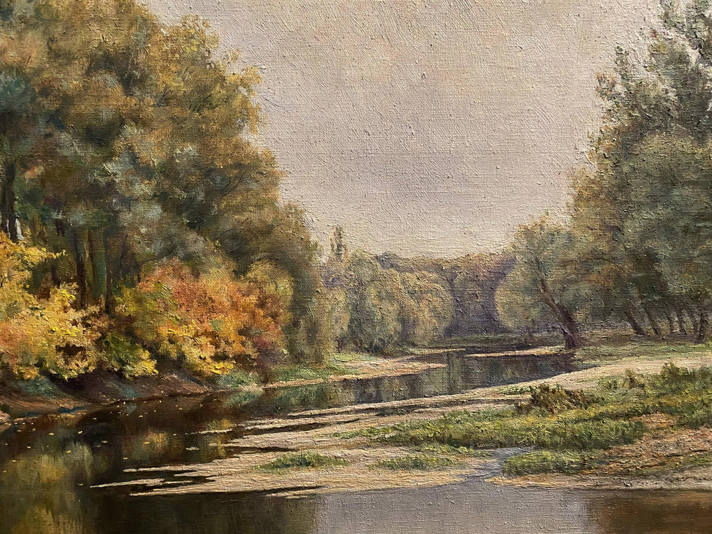 Oil painting by Litvinov Arkady Petrovich: sunny autumn river with golden foliage
