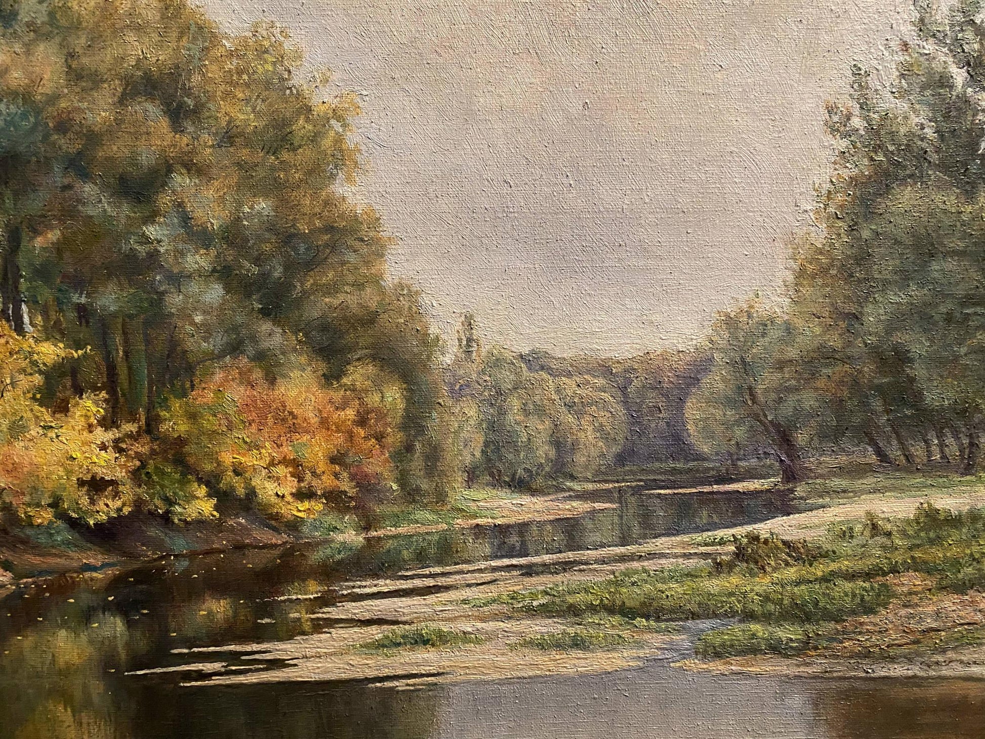 Oil painting by Litvinov Arkady Petrovich: sunny autumn river with golden foliage