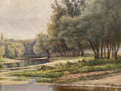 Oil painting by Litvinov Arkady Petrovich of serene sunlit riverbank with lush trees